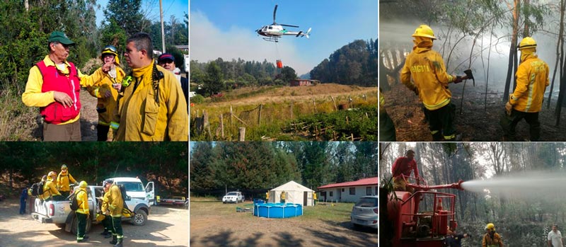 Bomberos de nuestro país apoyan el control y extinción de los incendios en los sectores de Palomares y Pataguas, Chile.