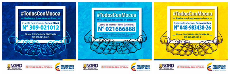 Gobierno Nal reitera a los colombianos que las donaciones se pueden hacer en dinero en las cuentas bancarias habilitadas.