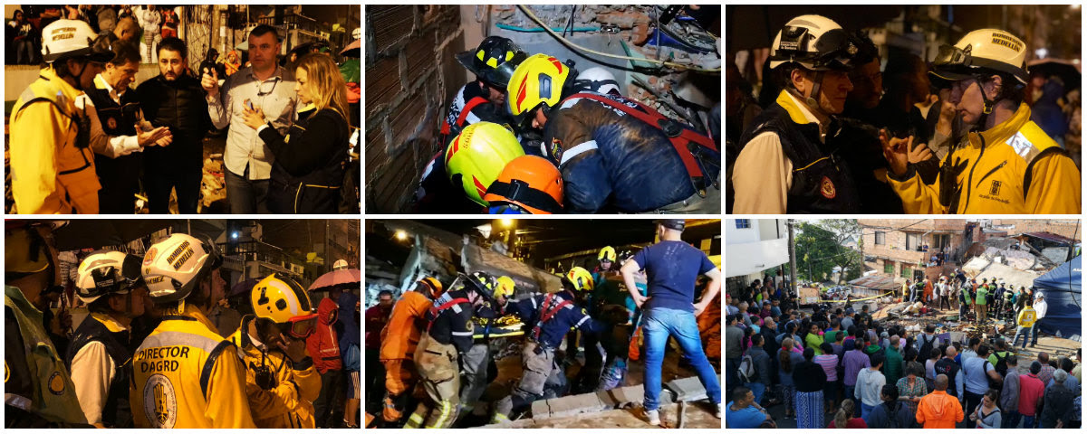 En Medellín, grupos operativos de respuesta rescatan tres personas con vida y tres personas fallecidas tras colapso de vivienda.