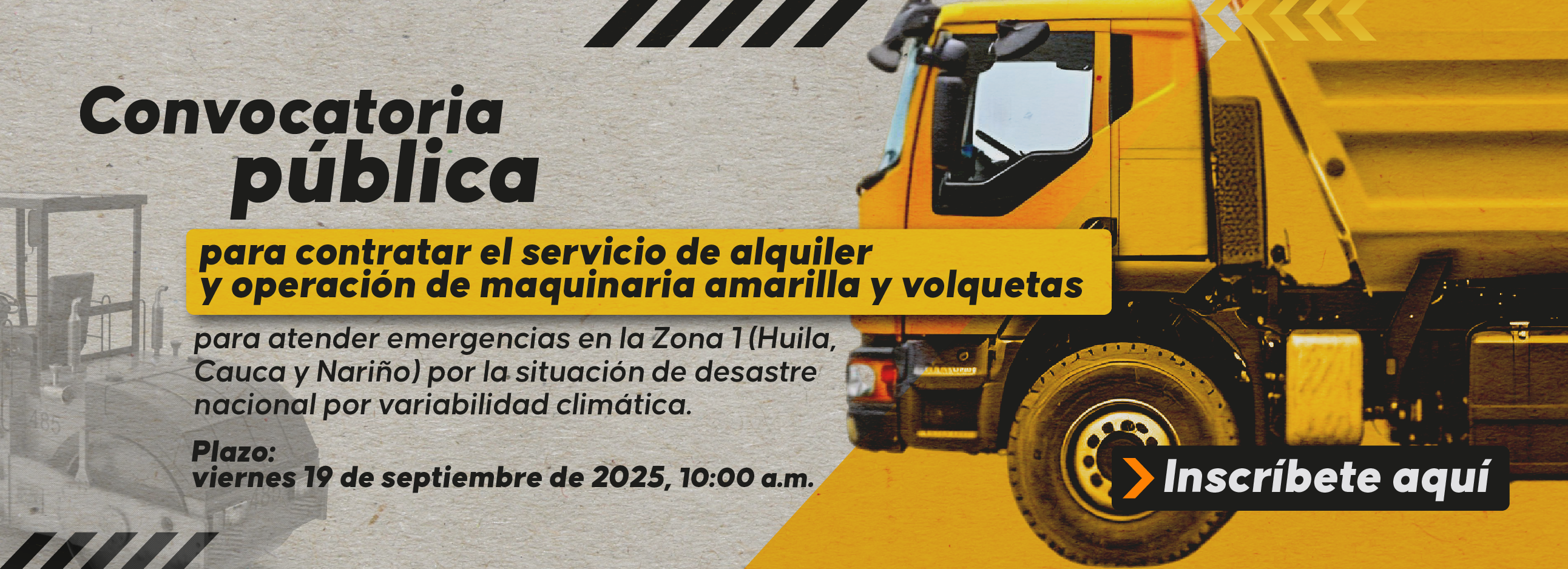 Convocatoria alquiler y operación de maquinaria amarilla y volquetas